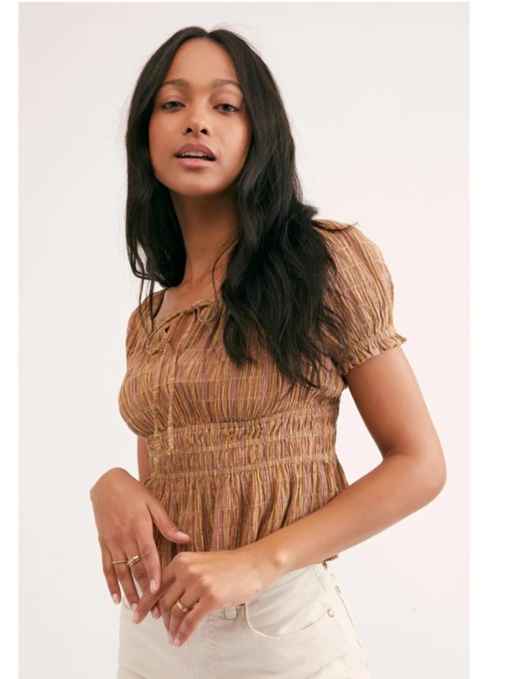 Free People Vivi Smocked Stripe Top Printed Pleated Puff Sleeve Brown M